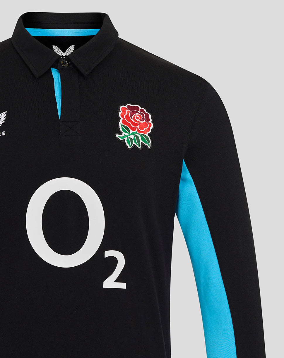 Black England Rugby shirt with red rose crest on the left chest and large O2 logo on the front center, blue side panel visible