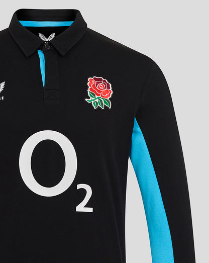 Black England Rugby shirt with red rose crest on the left chest and large O2 logo on the front center, blue side panel visible