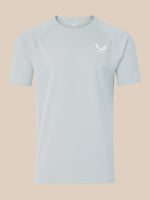 Front view of light grey men's logo T-shirt with a white Castore emblem on the chest