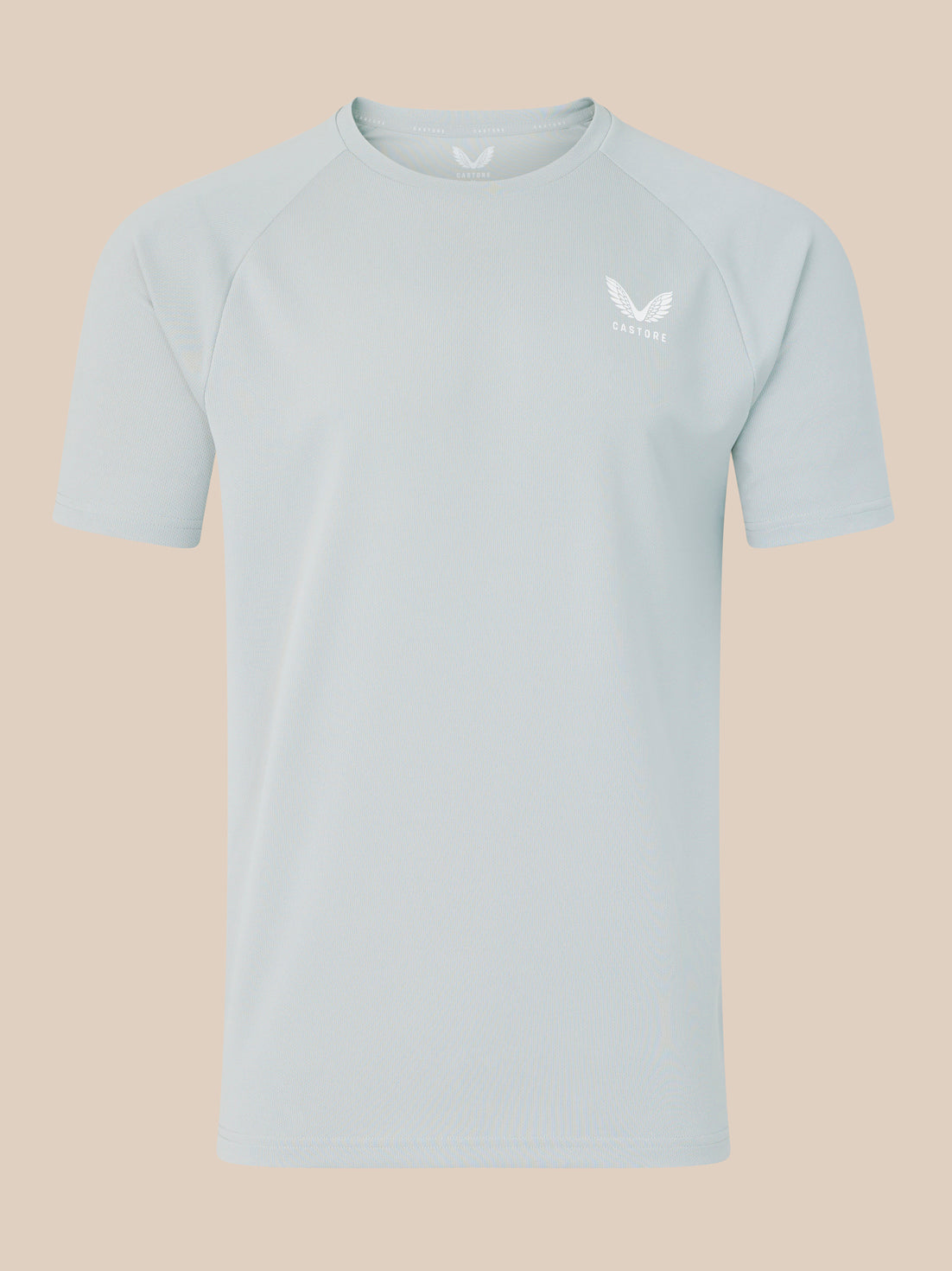 Front view of light grey men's logo T-shirt with a white Castore emblem on the chest