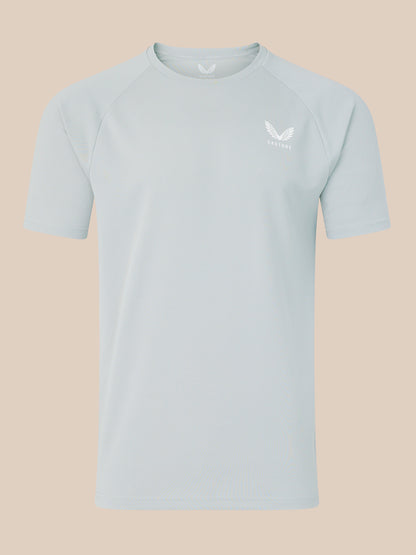 Front view of light grey men's logo T-shirt with a white Castore emblem on the chest