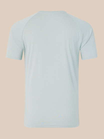Back view of pale blue logo T-shirt with a crew neck and short sleeves