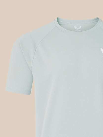 Light grey men's logo T shirt close up of shoulder and neckline showing textured knit fabric.