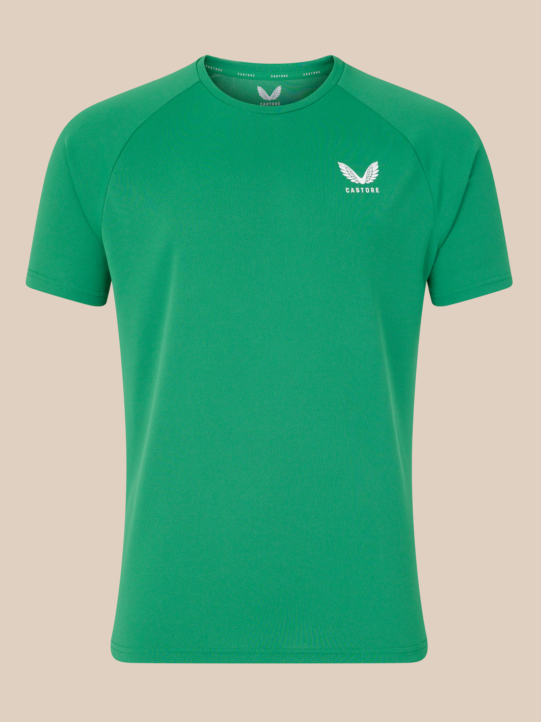 Green short sleeve t shirt with white Castore logo on the left chest.