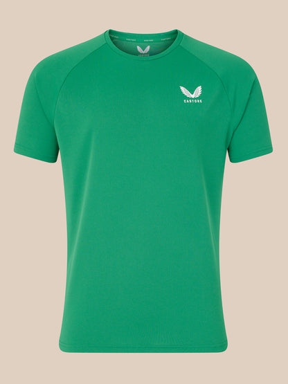 Green short sleeve t shirt with white Castore logo on the left chest.