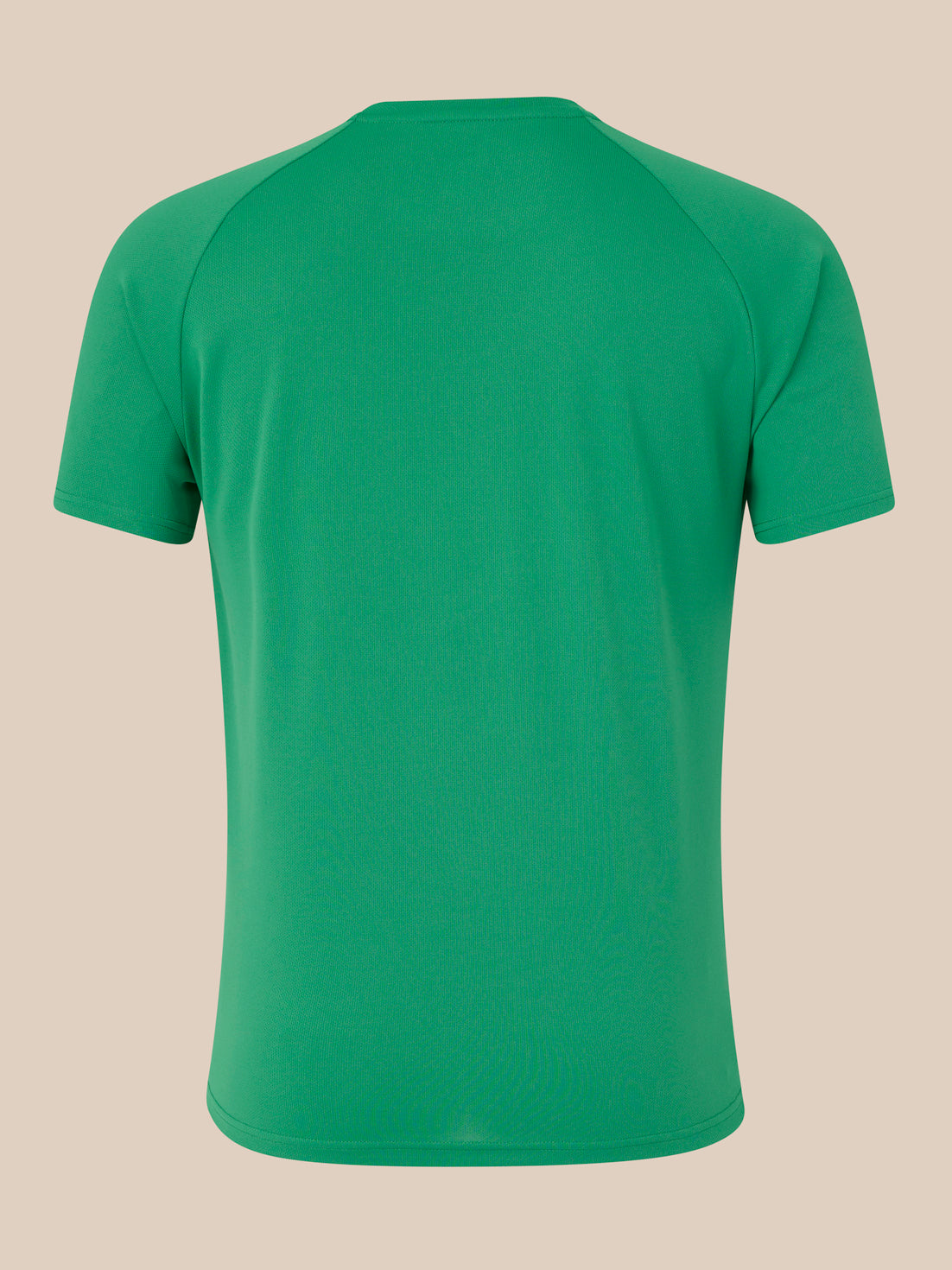 Back view of green men's logo T shirt against a beige background