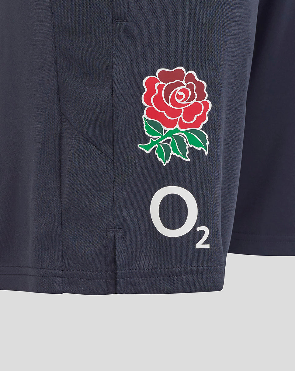 Navy England Rugby men's performance knit shorts with white O2 logo and red rose emblem on the leg