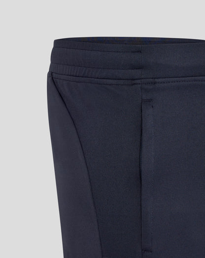 Close-up of navy England Rugby men's performance knit shorts waist area with stitching details