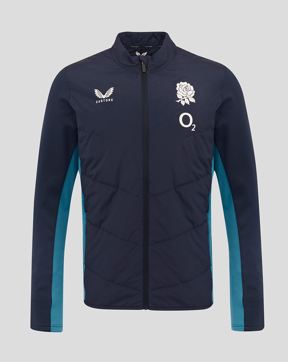 Front view of navy England Rugby Performance Thermal Jacket with rose crest and O2 logo, teal side panels