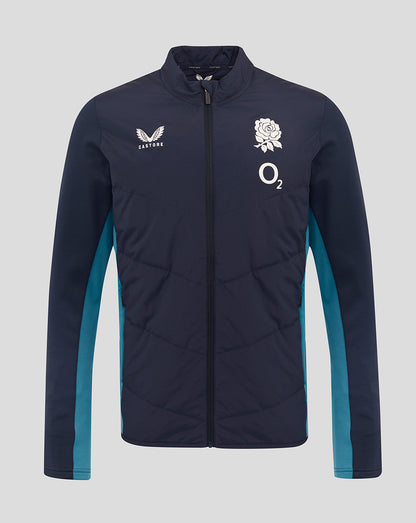 Front view of navy England Rugby Performance Thermal Jacket with rose crest and O2 logo, teal side panels