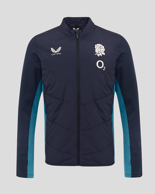 Front view of navy England Rugby Performance Thermal Jacket with rose crest and O2 logo, teal side panels
