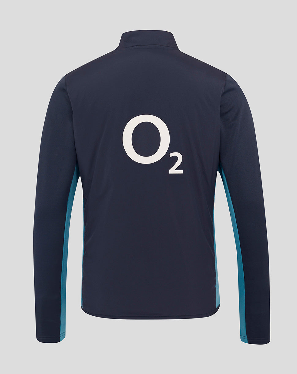 Back view of navy England Rugby Thermal Jacket with large white O2 logo and teal side panels