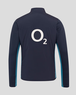 Back view of navy England Rugby Thermal Jacket with large white O2 logo and teal side panels