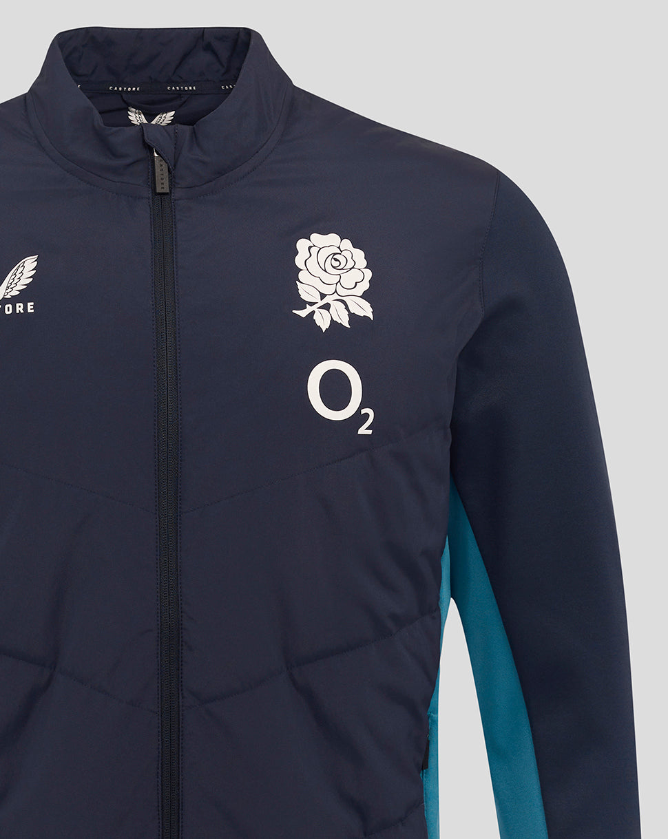 Navy England Rugby performance jacket with rose crest O2 logos and Castore branding, front zip and stand collar