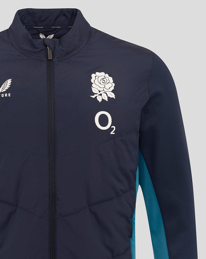 Navy England Rugby performance jacket with rose crest O2 logos and Castore branding, front zip and stand collar