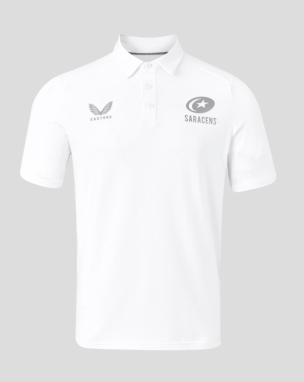 Front view of white Saracens travel polo with Castore logo on the left chest and Saracens emblem on the right.