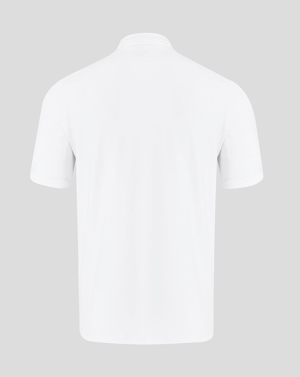 Back view of white Saracens travel polo showing clean minimal design.