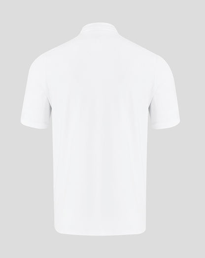 Back view of white Saracens travel polo showing clean minimal design.