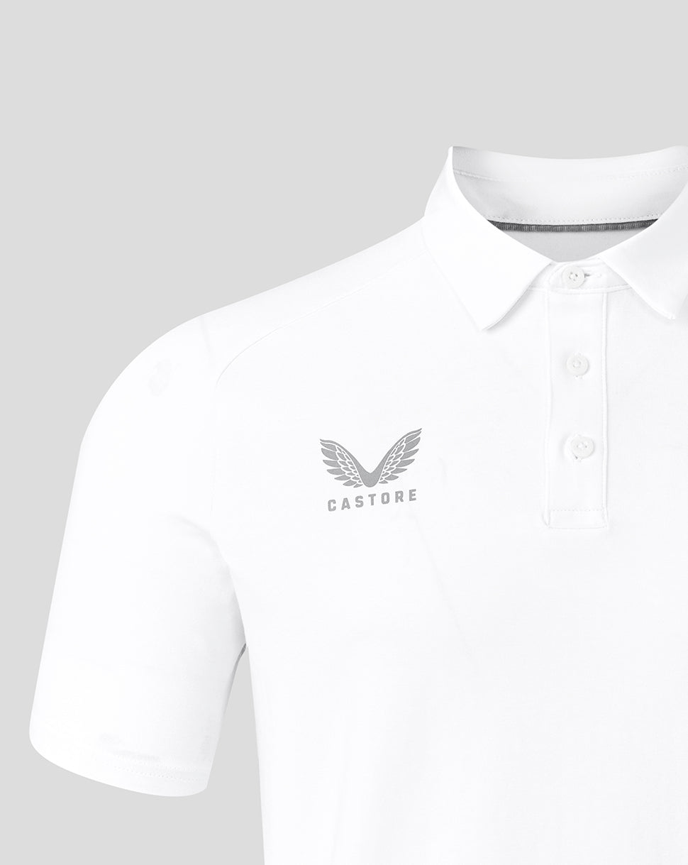 White Saracens travel short sleeve polo with crest on the chest and subtle branding.