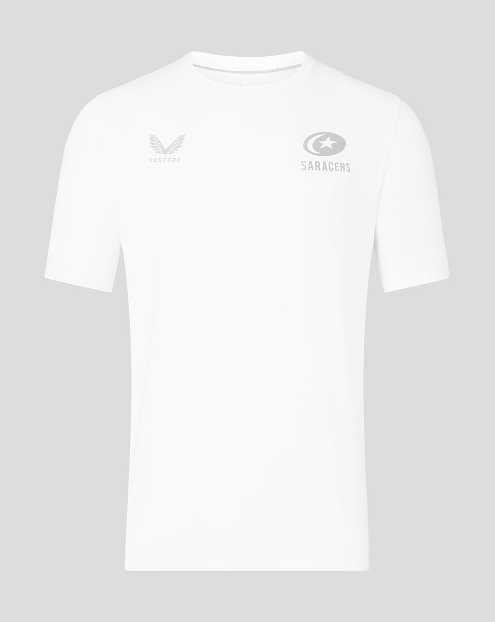 White Saracens travel tee with Castore and Saracens logos on the chest