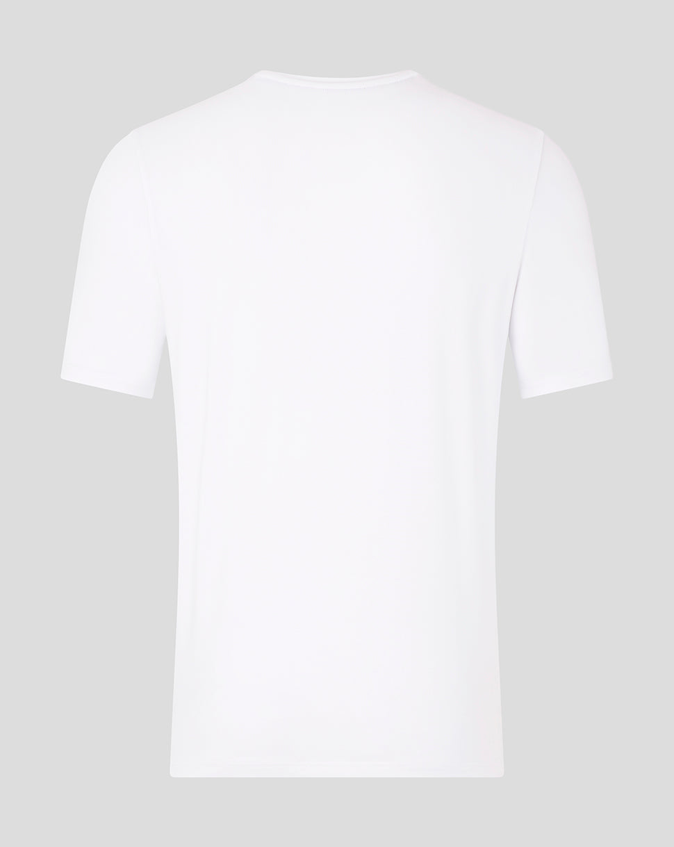 Back view of a plain white Saracens travel short sleeve tee