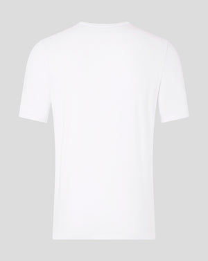 Back view of a plain white Saracens travel short sleeve tee