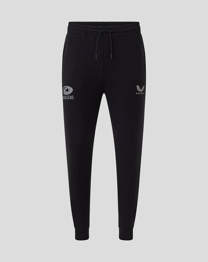 Black Saracens Travel Knit Pant front view with a circular Saracens logo on the left thigh and a Castore emblem on the right thigh.