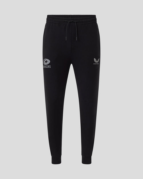 Black Saracens Travel Knit Pant front view with a circular Saracens logo on the left thigh and a Castore emblem on the right thigh.