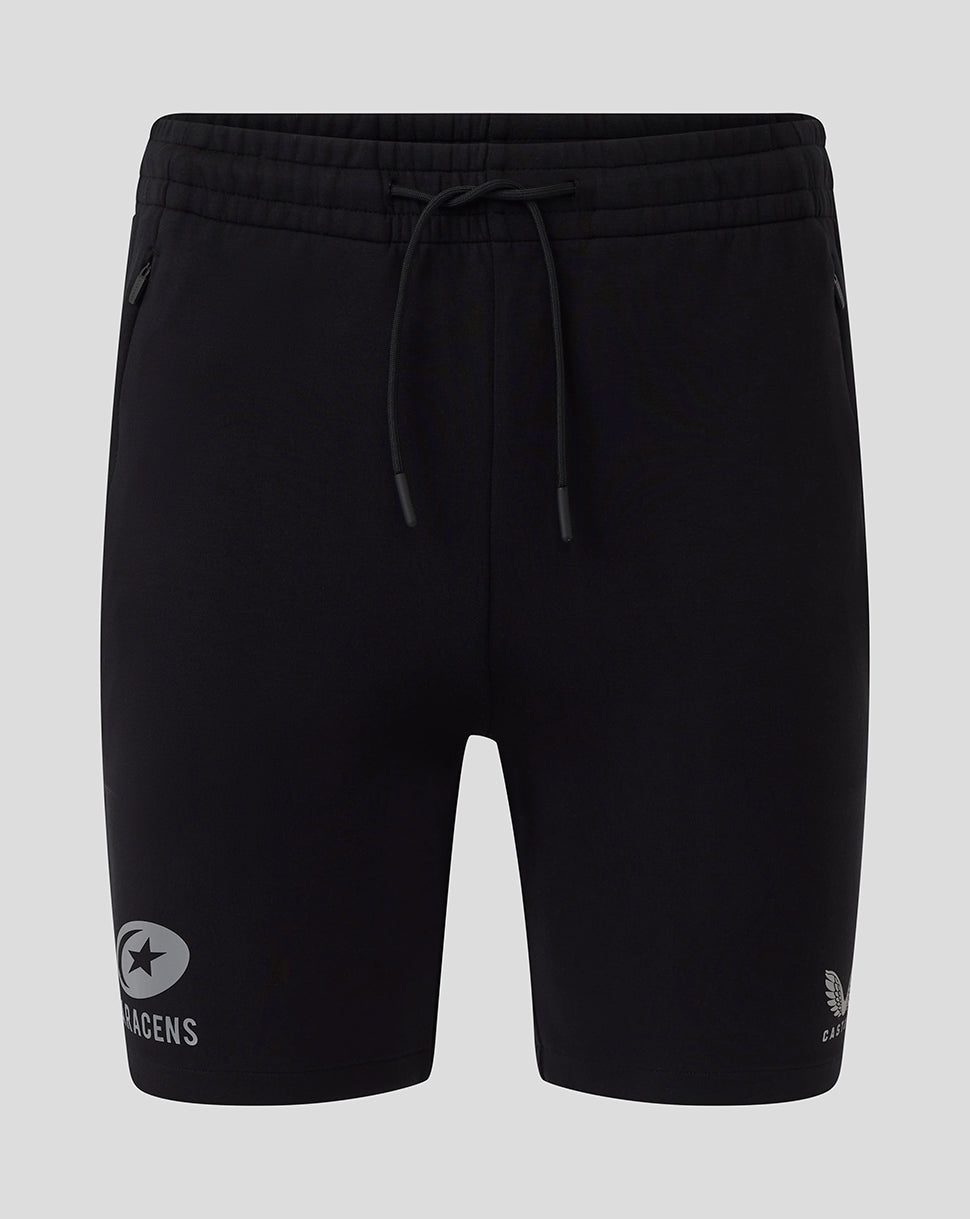 Black Saracens travel shorts front view with drawstring waist and crest on left leg and Castore on right