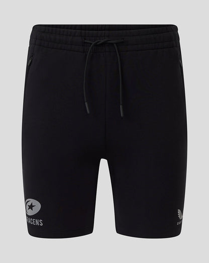 Black Saracens travel shorts front view with drawstring waist and crest on left leg and Castore on right