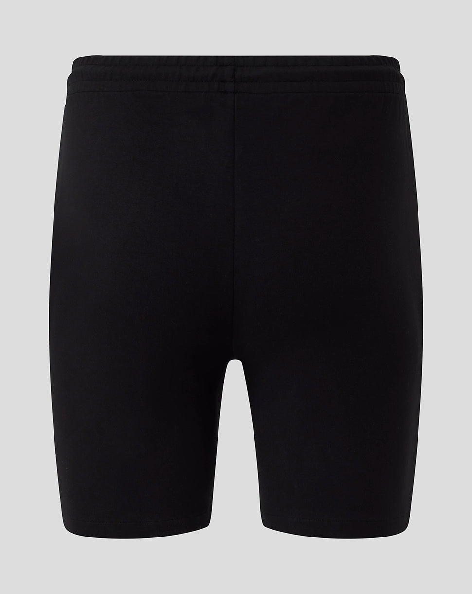 Back view of black Saracens travel knit shorts with elastic waistband