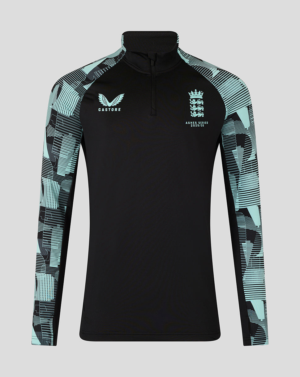 England Ashes men's 25/26 Pro quarter zip training top with black body teal patterned sleeves and crest on chest.