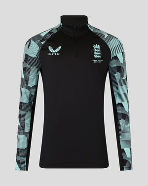 England Ashes men's 25/26 Pro quarter zip training top with black body teal patterned sleeves and crest on chest.