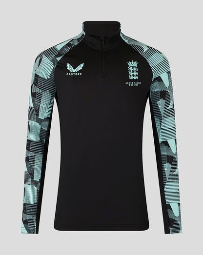England Ashes men's 25/26 Pro quarter zip training top with black body teal patterned sleeves and crest on chest.
