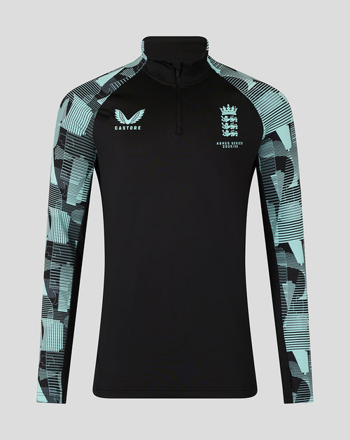 England Ashes men's 25/26 Pro quarter zip training top with black body teal patterned sleeves and crest on chest.
