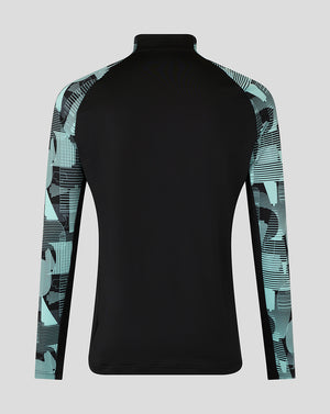 Back view of black England Ashes Pro Quarter Zip training top with teal patterned sleeves.