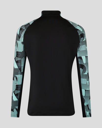 Back view of black England Ashes Pro Quarter Zip training top with teal patterned sleeves.
