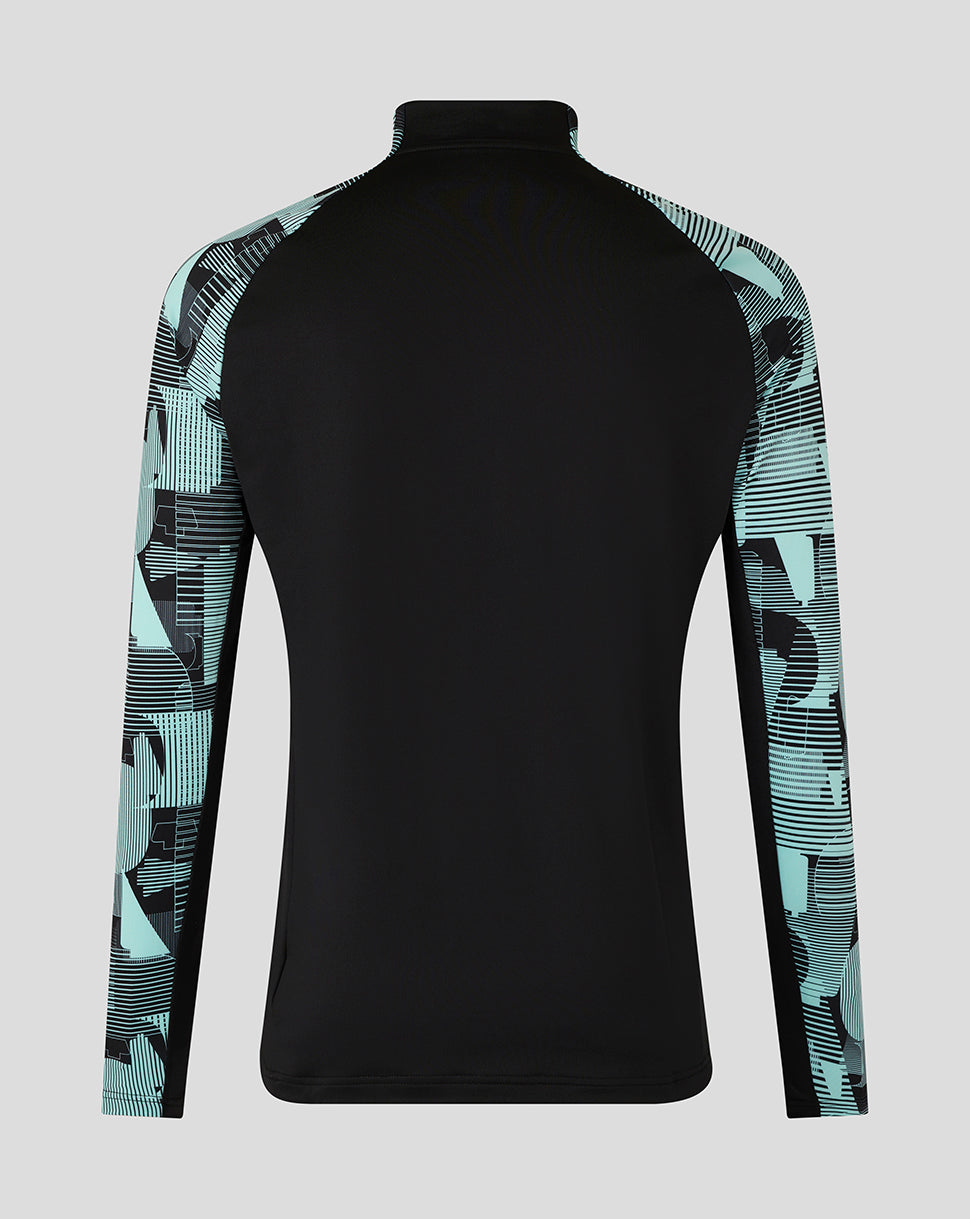 Back view of England Ashes Junior 25/26 Pro Quarter Zip Training Top with teal geometric sleeves.