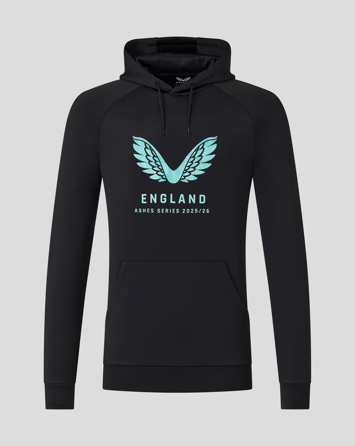 Black hoodie with turquoise wings logo and England Ashes Series 2025/26 text with a drawstring hood and front pocket
