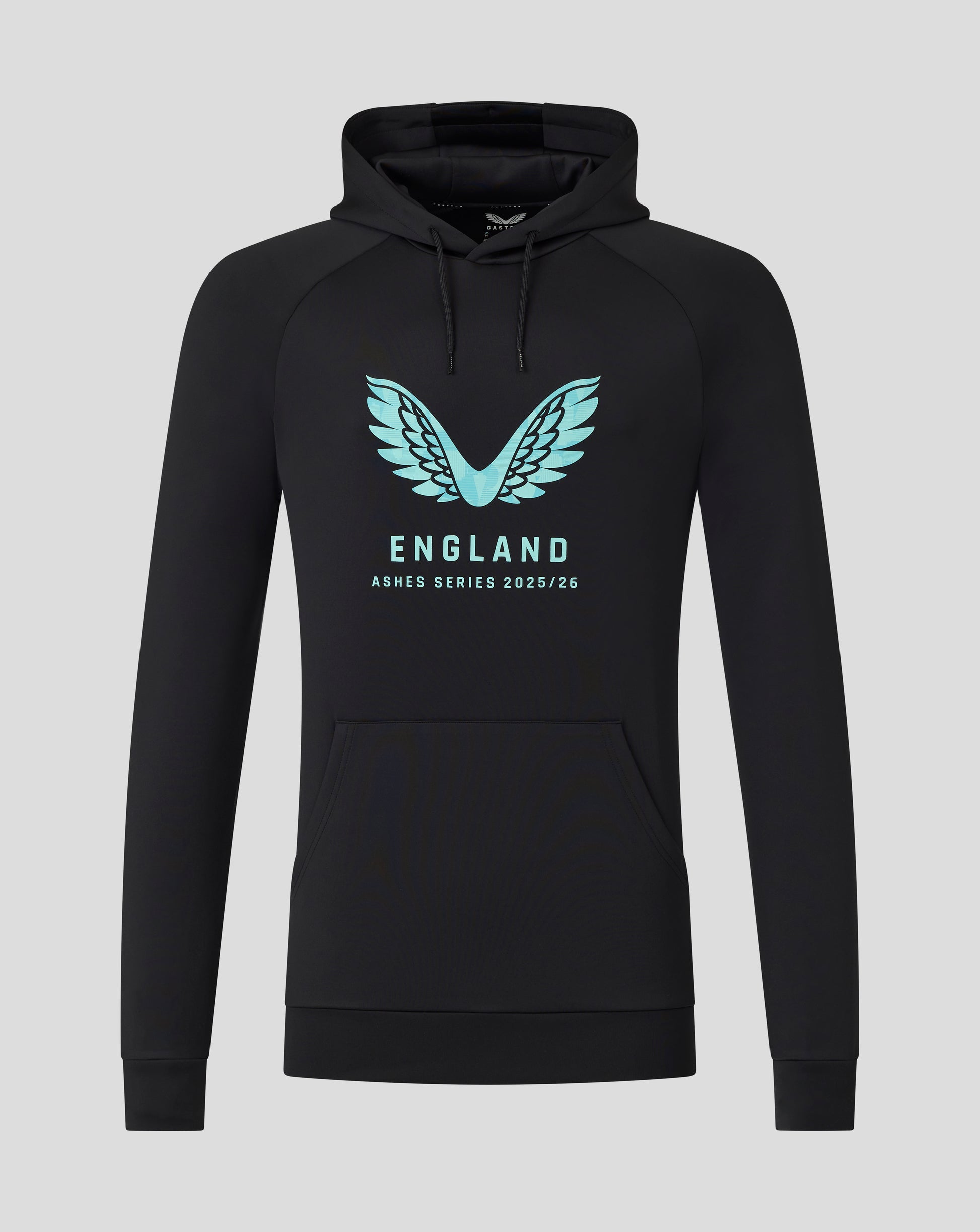 Black hoodie with turquoise wings logo and England Ashes Series 2025/26 text with a drawstring hood and front pocket
