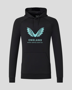 Black hoodie with turquoise wings logo and England Ashes Series 2025/26 text with a drawstring hood and front pocket