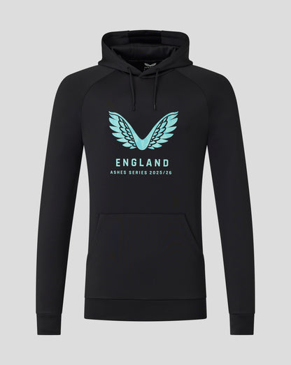 Black hoodie with turquoise wings logo and England Ashes Series 2025/26 text with a drawstring hood and front pocket