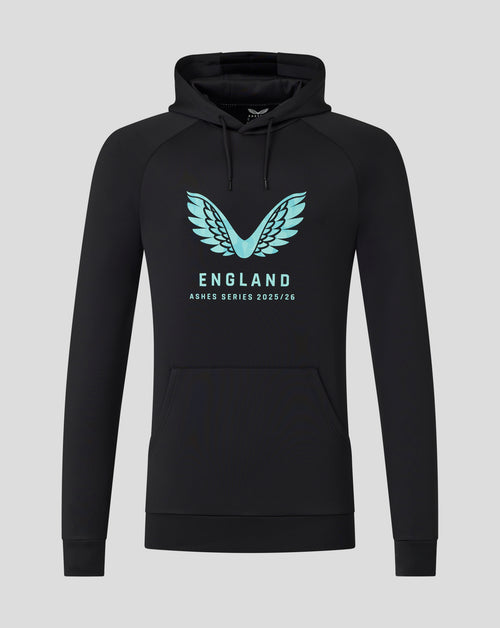 Black hoodie with turquoise wings logo and England Ashes Series 2025/26 text with a drawstring hood and front pocket