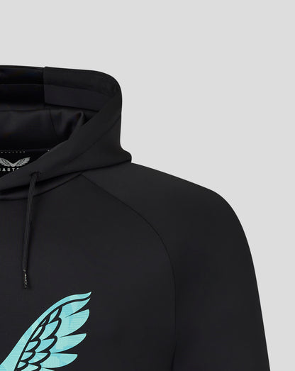 Close up of the hooded black England Ashes hoodie showing hood interior and turquoise wing graphic near the chest.