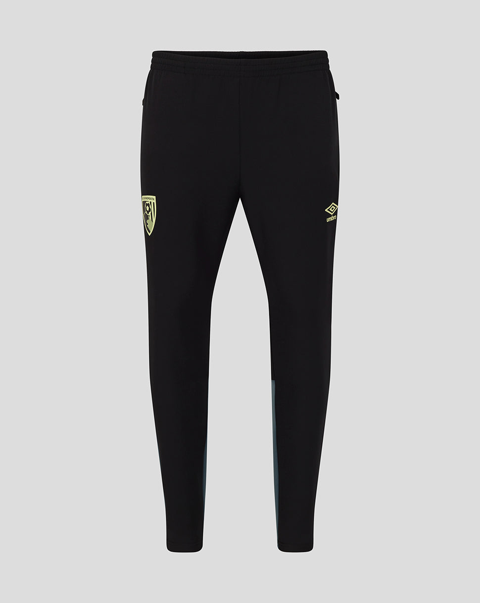 Black AFC Bournemouth men's 25/26 presentation pants with the club crest on the left leg and a yellow Umbro logo on the right, featuring light blue side panels