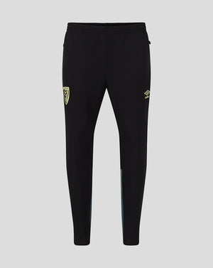 Black AFC Bournemouth men's 25/26 presentation pants with the club crest on the left leg and a yellow Umbro logo on the right, featuring light blue side panels
