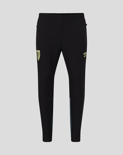Black AFC Bournemouth men's 25/26 presentation pants with the club crest on the left leg and a yellow Umbro logo on the right, featuring light blue side panels
