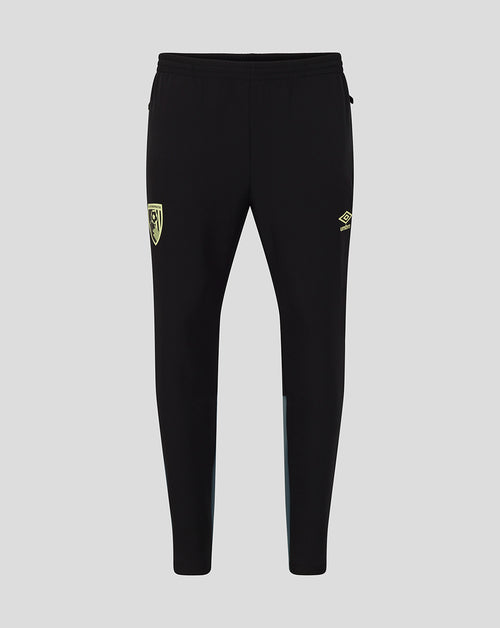 Black AFC Bournemouth men's 25/26 presentation pants with the club crest on the left leg and a yellow Umbro logo on the right, featuring light blue side panels