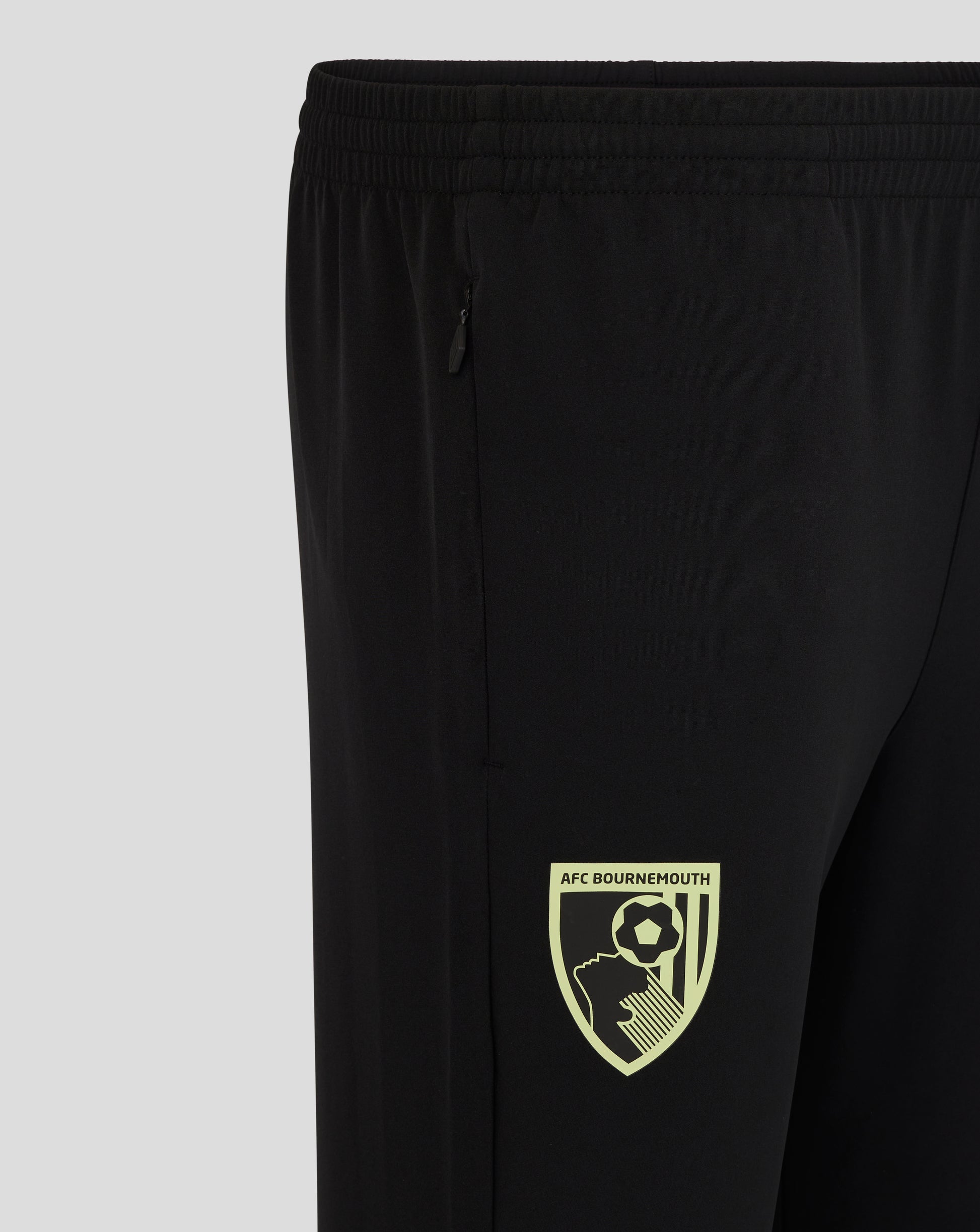 Close up of black athletic pants showing a zippered side pocket and an elastic waistband