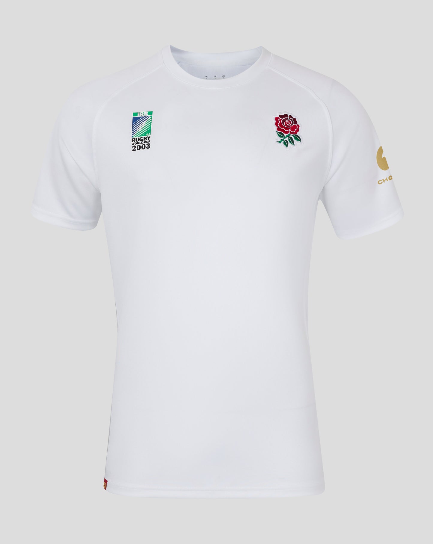 Front view of a white replica rugby jersey with the 2003 Rugby World Cup patch on the chest and a rose emblem.